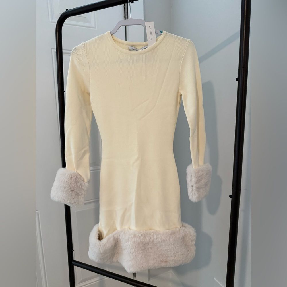 NWT Delfi Collective Faux Fur-Trim Long-Sleeve Mini Sweater Dress - Picture 3 of 4